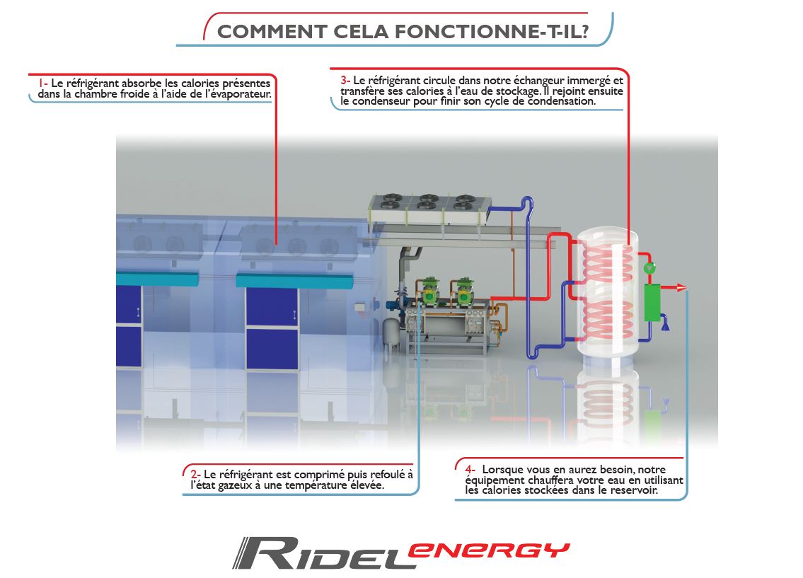 Récupération de chaleur sur groupe froid Ridel Energy Récupération de chaleur sur groupe froid Récupération de chaleur sur installation frigorifique Récupération de chaleur groupe frigorifique Récupération de chaleur sur centrale frigorifique Récupérateur de chaleur perdue