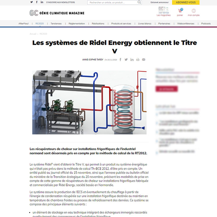 Ils parlent de Rev'o - Génie Climatique - Les systèmes de Ridel-Energy obtiennent le titre V