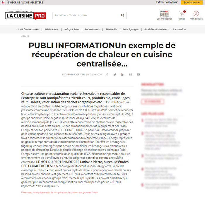 Ils parlent de Rev'o - La Cuisine PRO - Un exemple de récupération de chaleur en cuisine centralisée