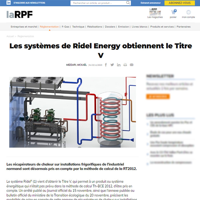 Ils parlent de Rev'o - La RPF - Les systèmes de Ridel Energy obtiennent le titre V