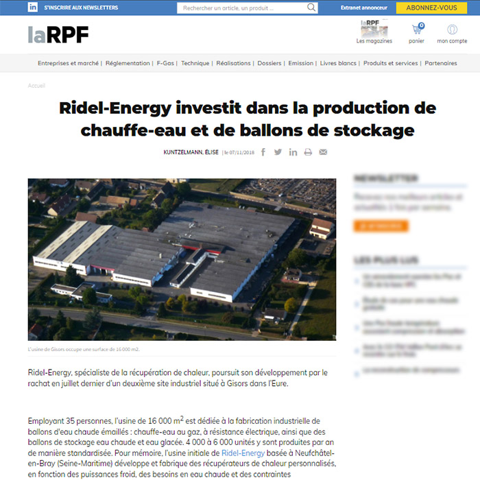 Ils parlent de Rev'o - La RPF - Ridel-Energy investit dans la production de chauffe-eau et de ballons de stockage