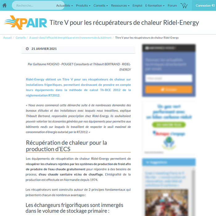 Ils parlent de Rev'o - Xpair - Titre V pour les récupérateurs de chaleur Ridel-energy